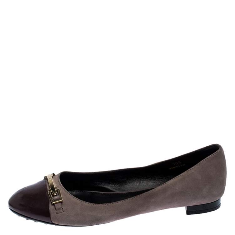 Pre Owned  Tod's Lilac/Purple Nubuck/Patent Leather Logo Metal Detail Cap Toe Ballet Flats Size 36.5 