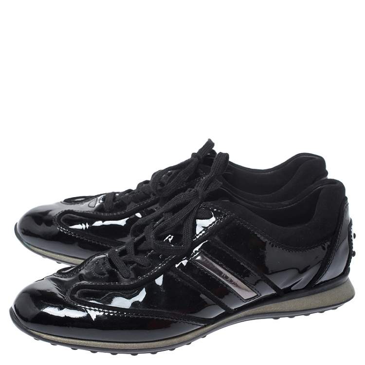 Pre Owned Tod's Black Patent Leather and Suede Lace Low Top Sneakers Size 37.5