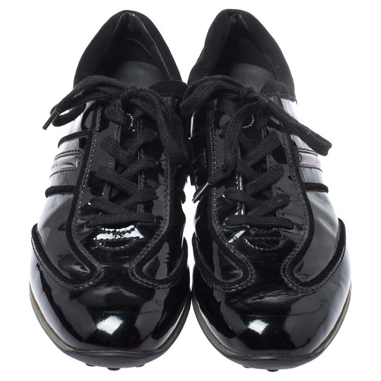 Pre Owned Tod's Black Patent Leather and Suede Lace Low Top Sneakers Size 37.5