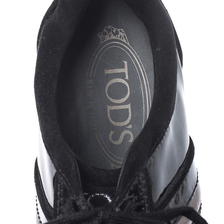 Pre Owned Tod's Black Patent Leather and Suede Lace Low Top Sneakers Size 37.5