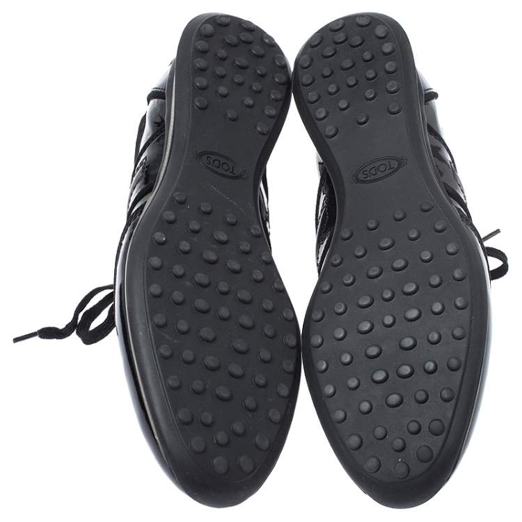 Pre Owned Tod's Black Patent Leather and Suede Lace Low Top Sneakers Size 37.5
