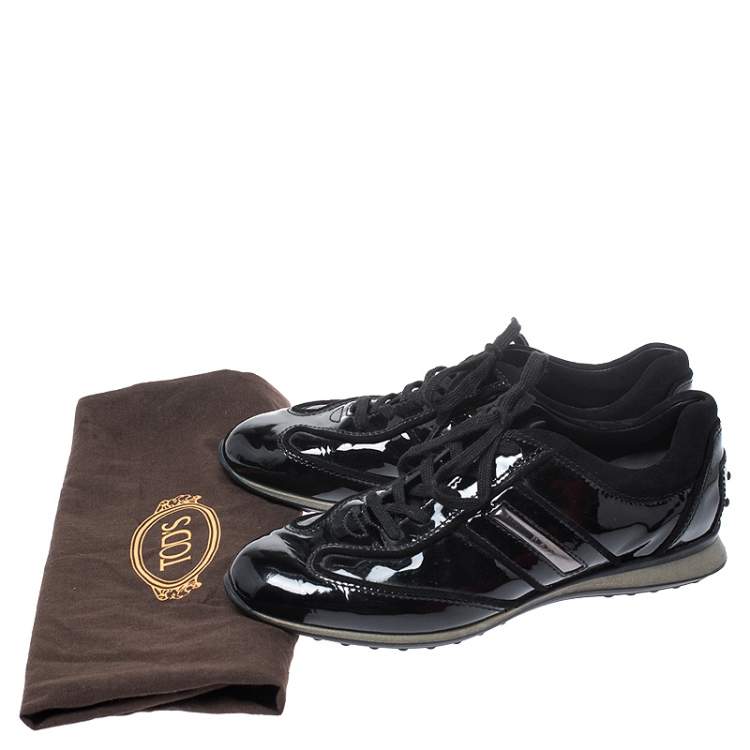 Pre Owned Tod's Black Patent Leather and Suede Lace Low Top Sneakers Size 37.5