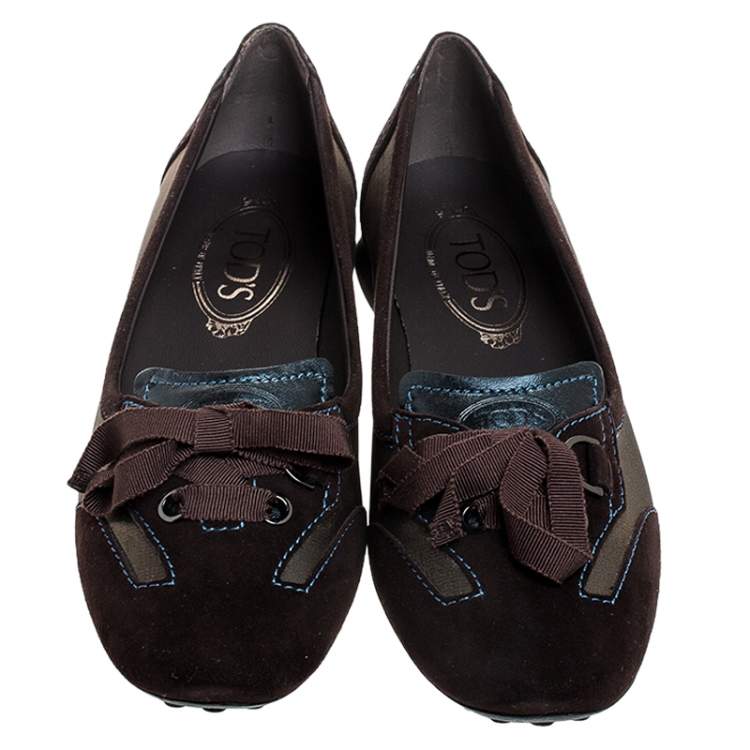 Pre Owned  Tod's Brown Suede, Mesh And Blue Leather Lace Bow Ballet Flats Size 38
