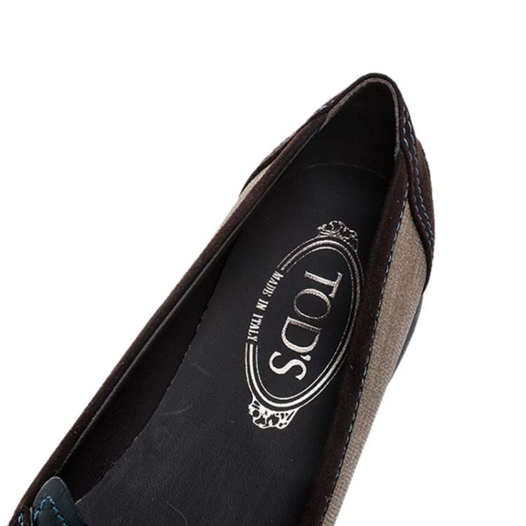Pre Owned  Tod's Brown Suede, Mesh And Blue Leather Lace Bow Ballet Flats Size 38