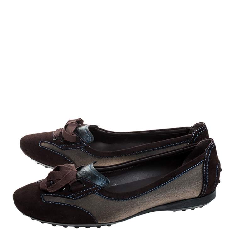 Pre Owned  Tod's Brown Suede, Mesh And Blue Leather Lace Bow Ballet Flats Size 38