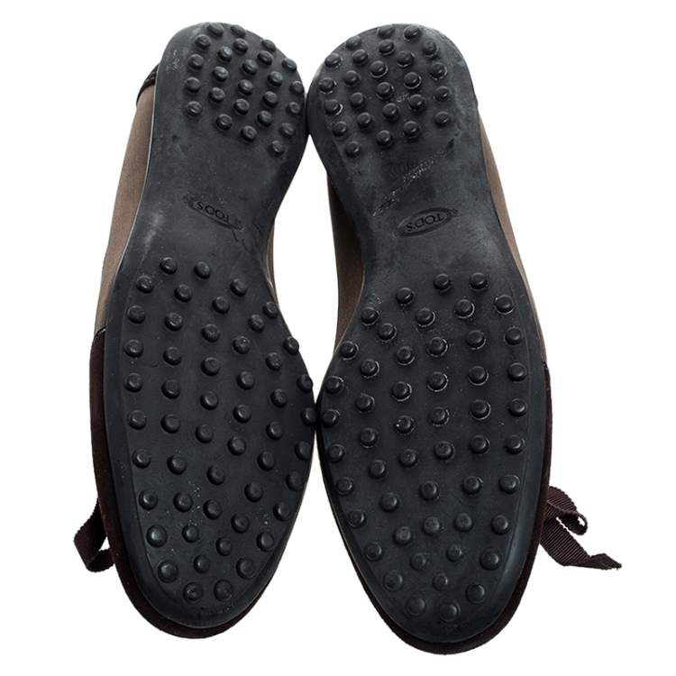Pre Owned  Tod's Brown Suede, Mesh And Blue Leather Lace Bow Ballet Flats Size 38
