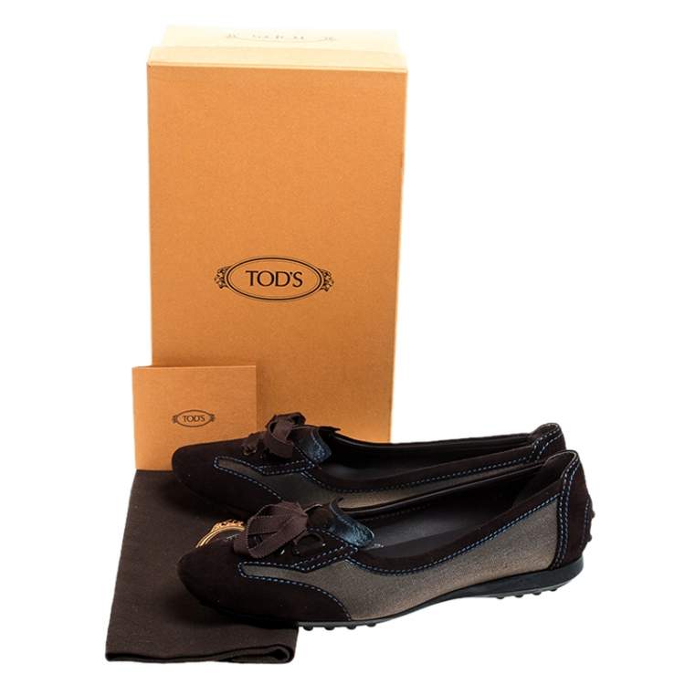 Pre Owned  Tod's Brown Suede, Mesh And Blue Leather Lace Bow Ballet Flats Size 38