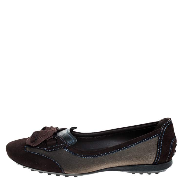 Pre Owned  Tod's Brown Suede, Mesh And Blue Leather Lace Bow Ballet Flats Size 38