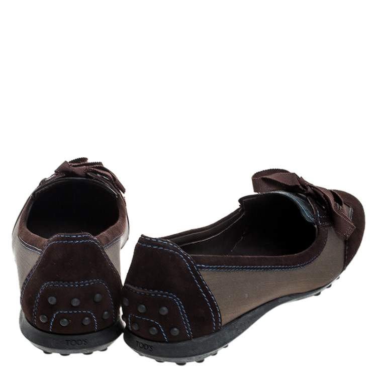 Pre Owned  Tod's Brown Suede, Mesh And Blue Leather Lace Bow Ballet Flats Size 38
