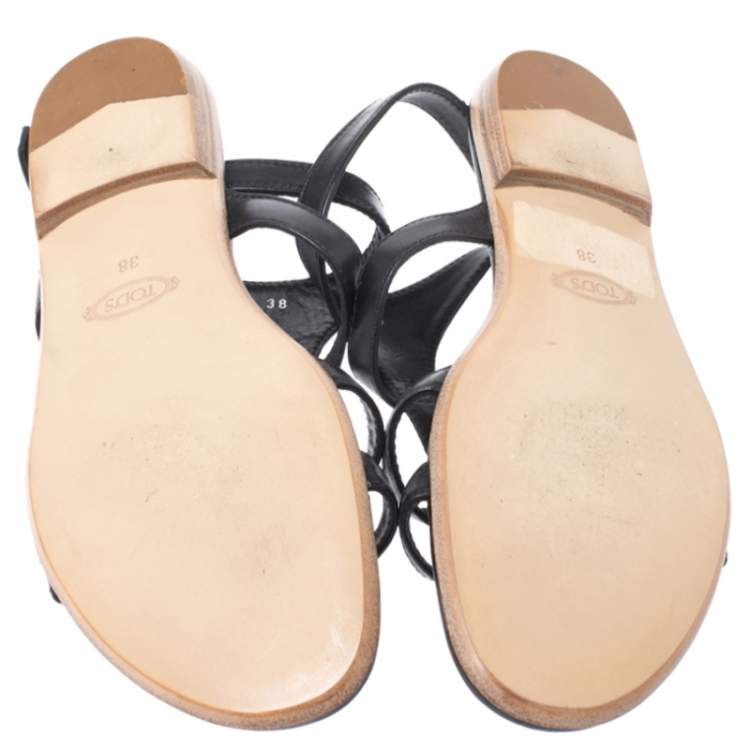 Pre Owned Tod's Black Leather Logo Studded Strappy Flat Sandals Size 38