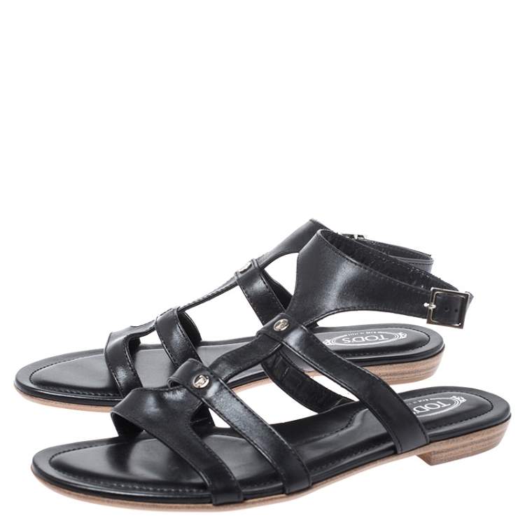 Pre Owned Tod's Black Leather Logo Studded Strappy Flat Sandals Size 38