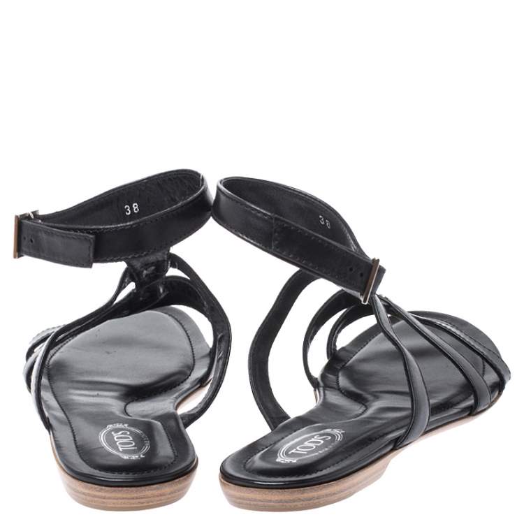 Pre Owned Tod's Black Leather Logo Studded Strappy Flat Sandals Size 38