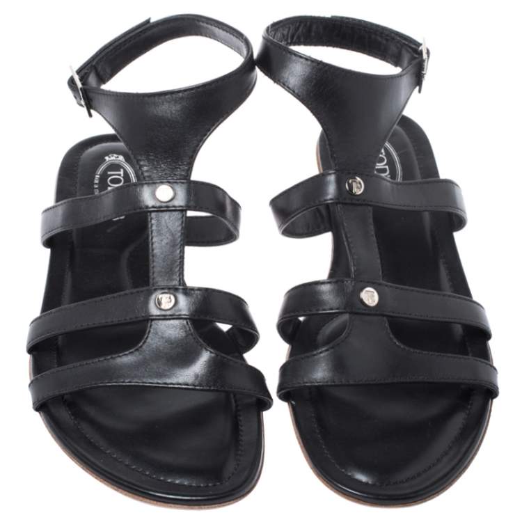 Pre Owned Tod's Black Leather Logo Studded Strappy Flat Sandals Size 38