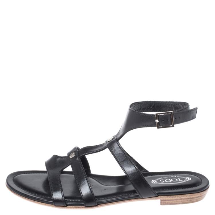 Pre Owned Tod's Black Leather Logo Studded Strappy Flat Sandals Size 38