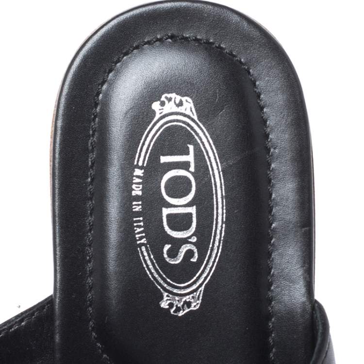 Pre Owned Tod's Black Leather Logo Studded Strappy Flat Sandals Size 38