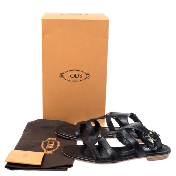 Pre Owned Tod's Black Leather Logo Studded Strappy Flat Sandals Size 38