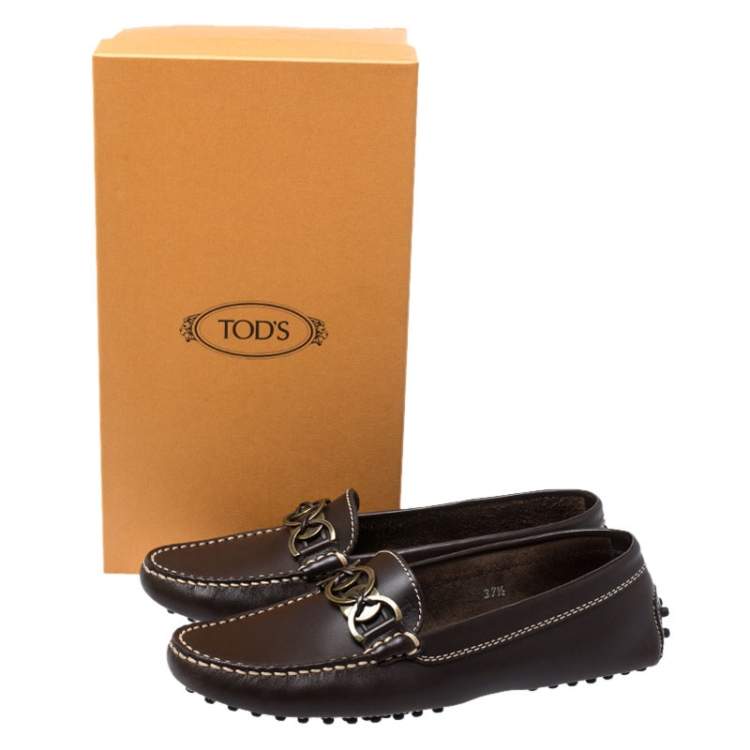 Pre Owned Tod's Dark Brown Ring Leather Loafers Size 37.5
