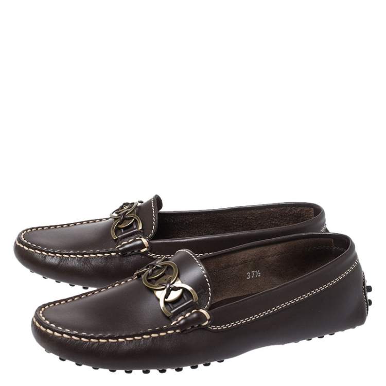 Pre Owned Tod's Dark Brown Ring Leather Loafers Size 37.5