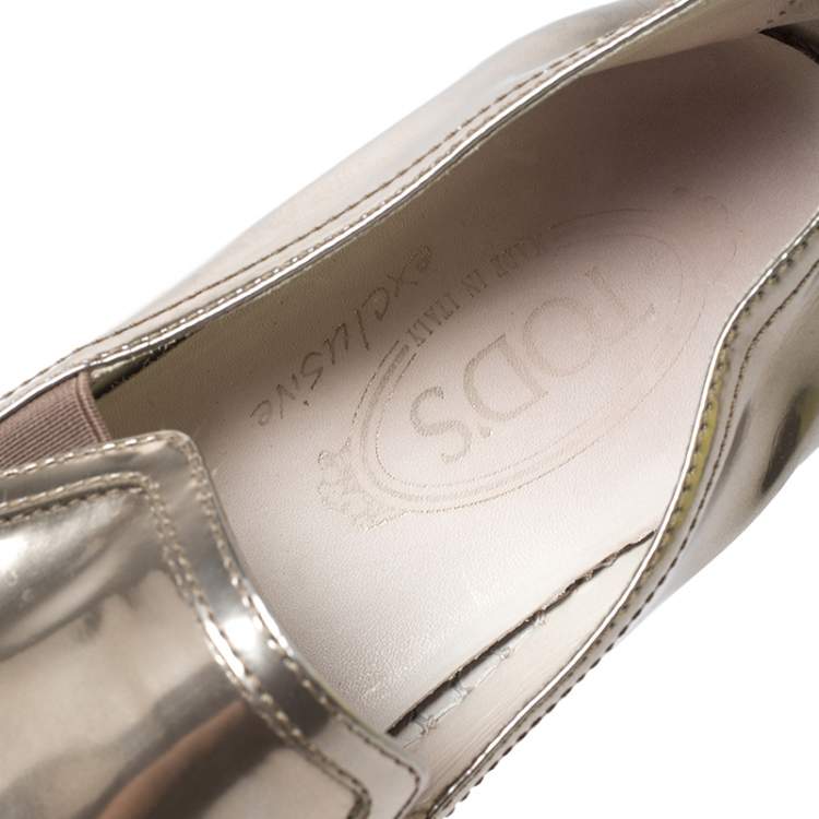 Pre Owned Tod's Metallic Rose Gold Patent Leather Slip On Espadrilles Sneakers Size 37.5
