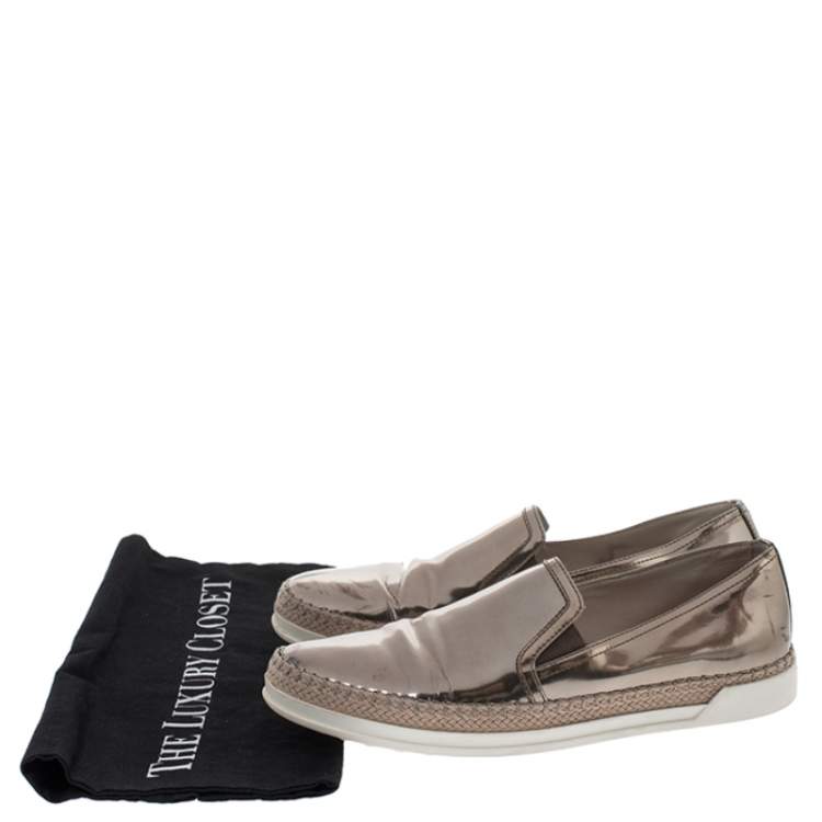 Pre Owned Tod's Metallic Rose Gold Patent Leather Slip On Espadrilles Sneakers Size 37.5