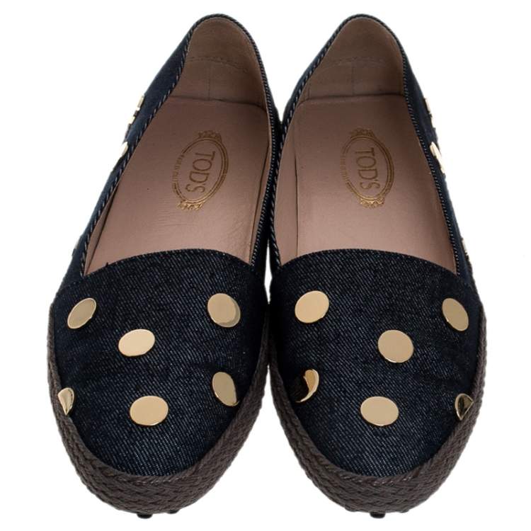 Pre Owned Tod's Dark Wash Denim Studded Espadrille Flats Size 38