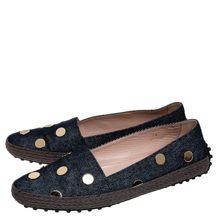 Pre Owned Tod's Dark Wash Denim Studded Espadrille Flats Size 38