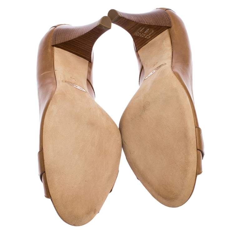 Pre Owned Tod's Light Brown Leather Gommini Peep Toe Pumps Size 39