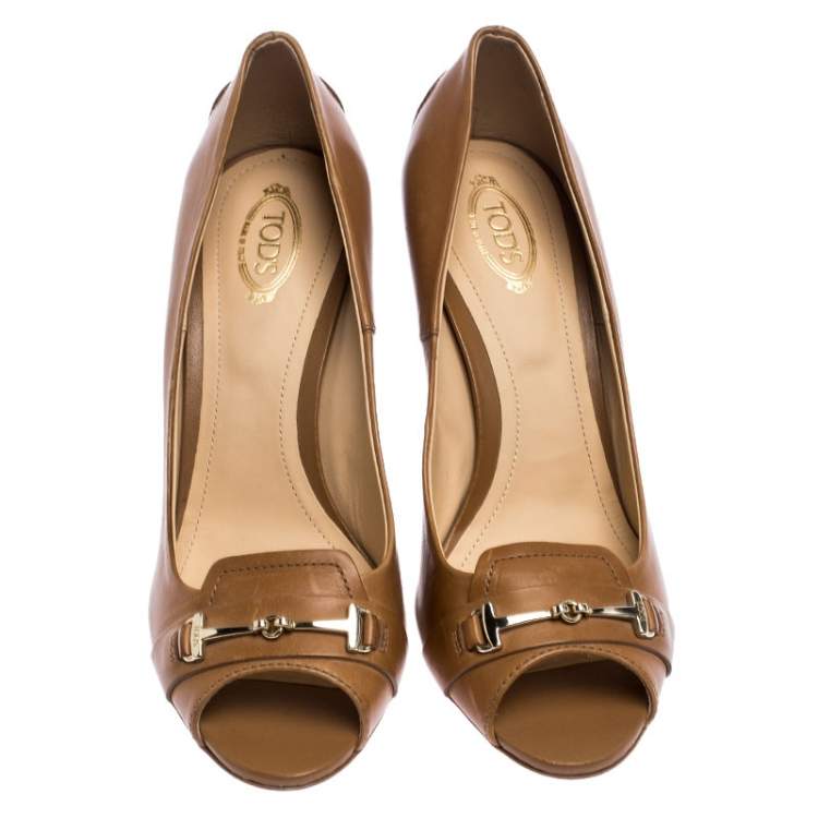 Pre Owned Tod's Light Brown Leather Gommini Peep Toe Pumps Size 39
