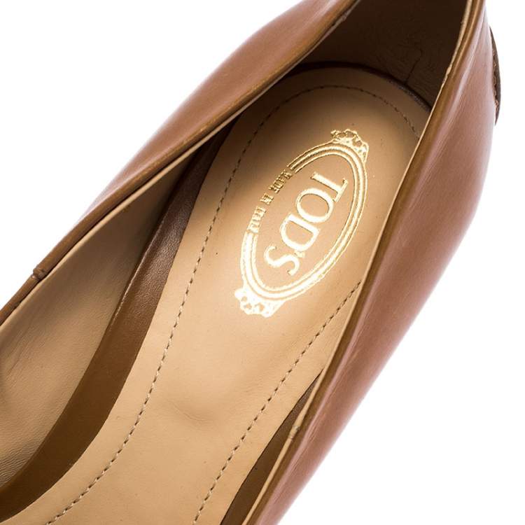 Pre Owned Tod's Light Brown Leather Gommini Peep Toe Pumps Size 39