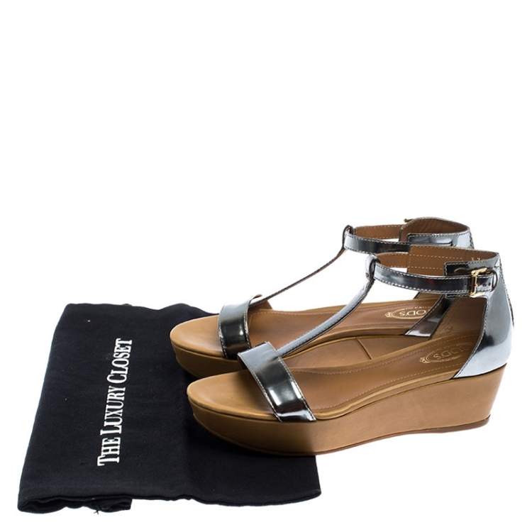 Pre Owned Tod's Metallic Silver Leather T-Strap Wedge Platform Ankle Strap Sandals Size 37.5