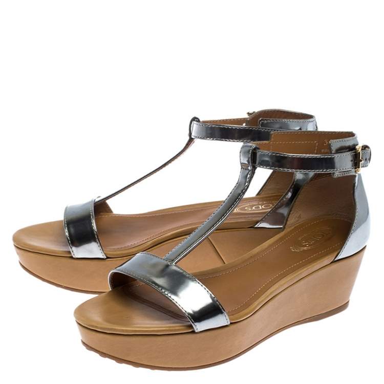 Pre Owned Tod's Metallic Silver Leather T-Strap Wedge Platform Ankle Strap Sandals Size 37.5