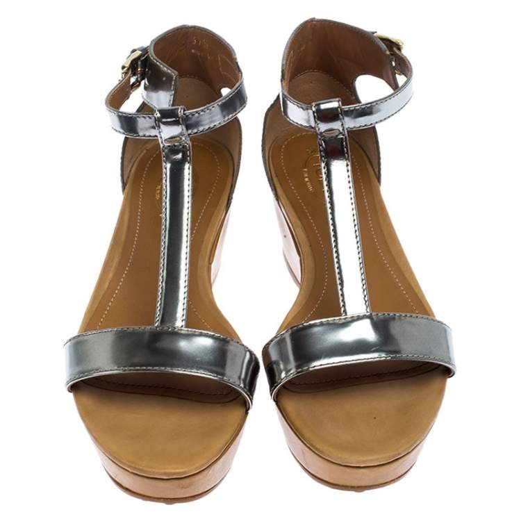 Pre Owned Tod's Metallic Silver Leather T-Strap Wedge Platform Ankle Strap Sandals Size 37.5