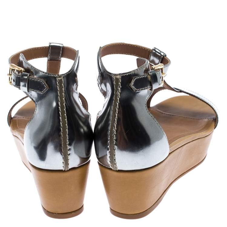 Pre Owned Tod's Metallic Silver Leather T-Strap Wedge Platform Ankle Strap Sandals Size 37.5