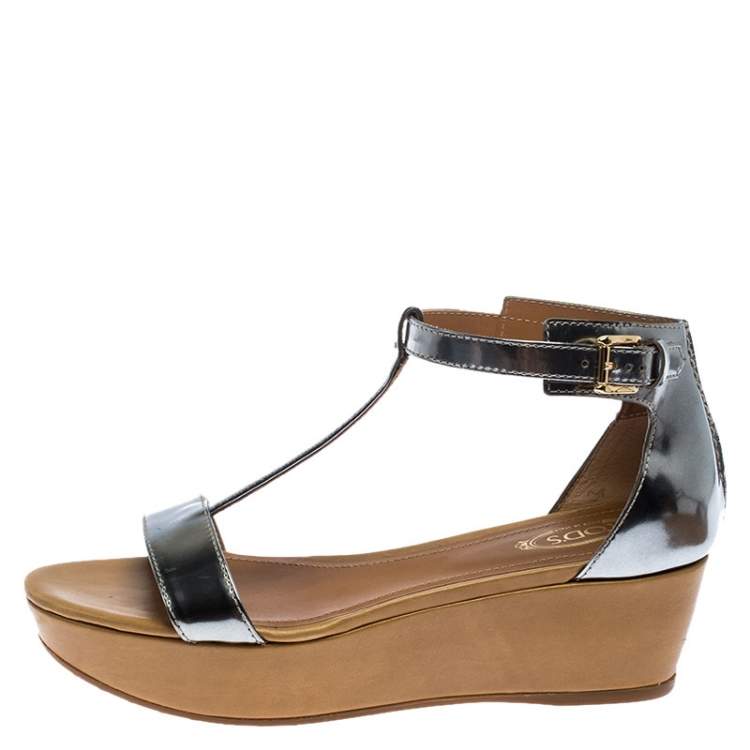 Pre Owned Tod's Metallic Silver Leather T-Strap Wedge Platform Ankle Strap Sandals Size 37.5
