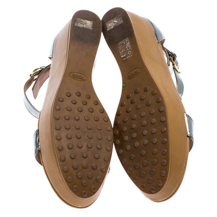 Pre Owned Tod's Metallic Silver Leather T-Strap Wedge Platform Ankle Strap Sandals Size 37.5