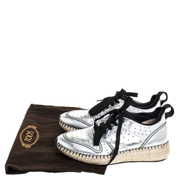 Pre Owned Tod's Metallic Silver Leather Espadrille Low Top Sneakers Size 35.5