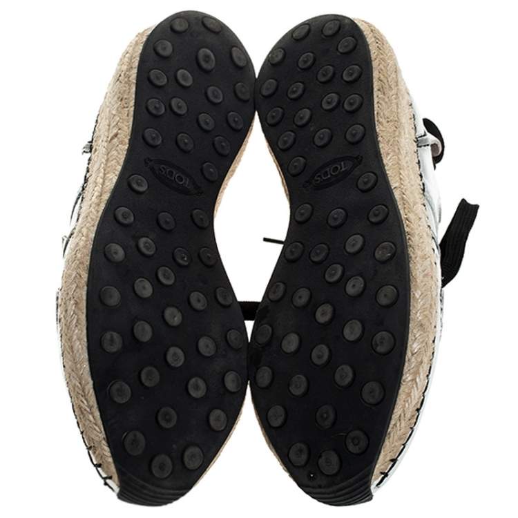 Pre Owned Tod's Metallic Silver Leather Espadrille Low Top Sneakers Size 35.5