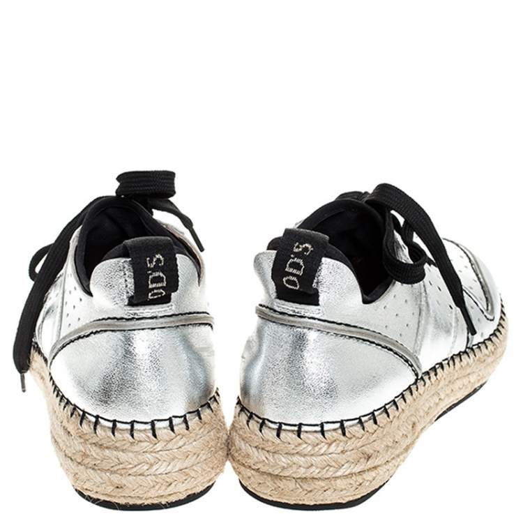 Pre Owned Tod's Metallic Silver Leather Espadrille Low Top Sneakers Size 35.5