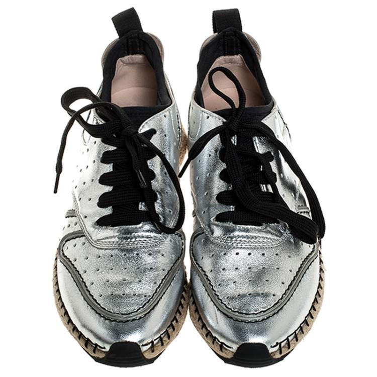 Pre Owned Tod's Metallic Silver Leather Espadrille Low Top Sneakers Size 35.5