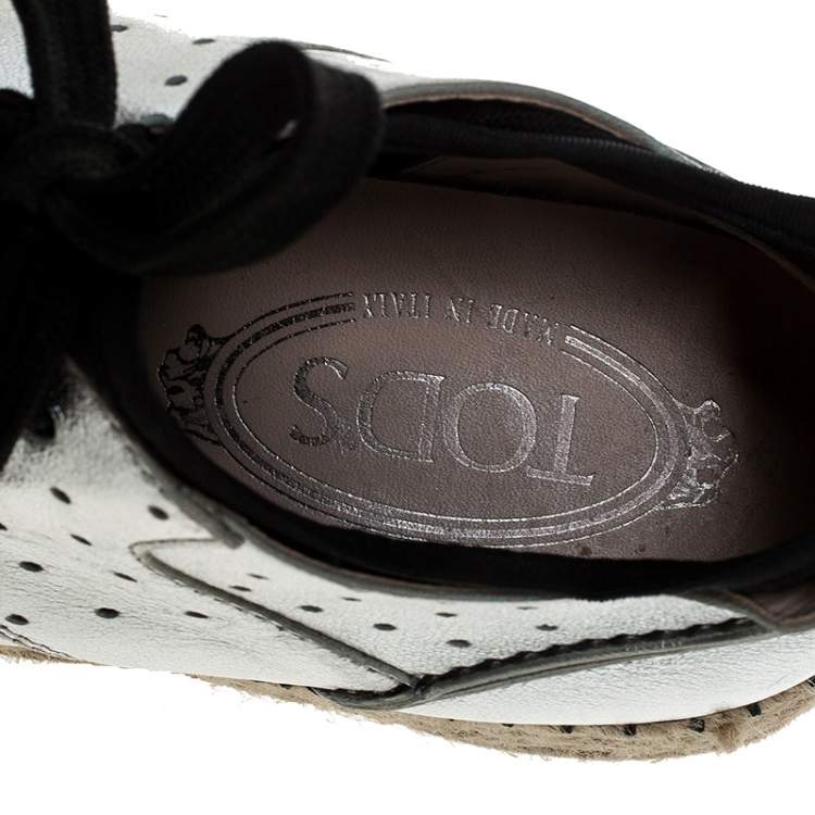 Pre Owned Tod's Metallic Silver Leather Espadrille Low Top Sneakers Size 35.5