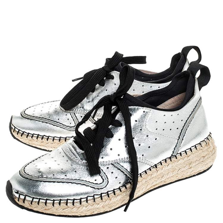 Pre Owned Tod's Metallic Silver Leather Espadrille Low Top Sneakers Size 35.5