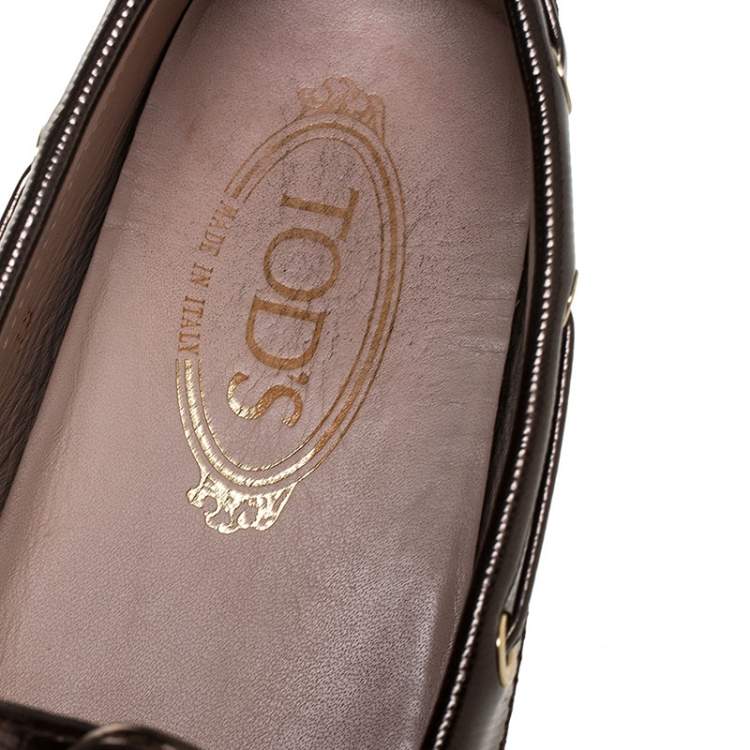Pre Owned Tod's Metallic Leather Bow Slip On Loafers Size 38