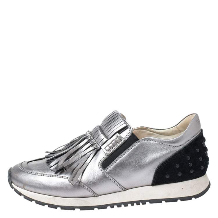 Pre Owned TOD'S Metallic Grey Leather Sportivo Fringed Sneakers Size 39