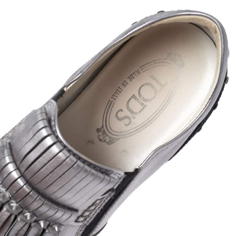 Pre Owned TOD'S Metallic Grey Leather Sportivo Fringed Sneakers Size 39