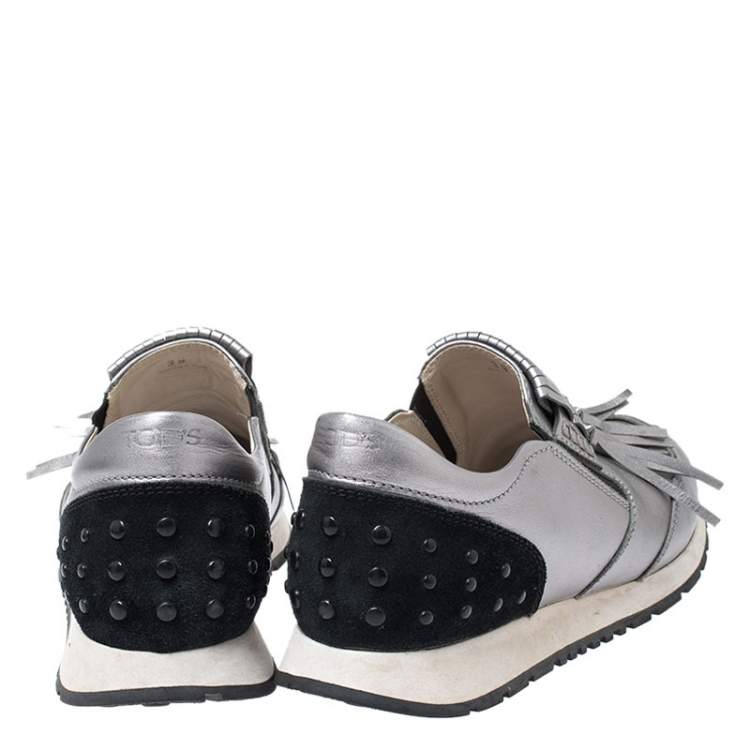 Pre Owned TOD'S Metallic Grey Leather Sportivo Fringed Sneakers Size 39
