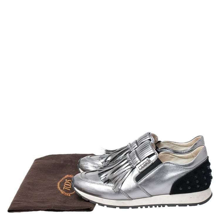 Pre Owned TOD'S Metallic Grey Leather Sportivo Fringed Sneakers Size 39