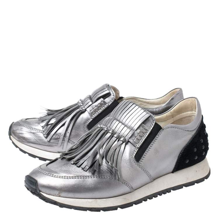 Pre Owned TOD'S Metallic Grey Leather Sportivo Fringed Sneakers Size 39