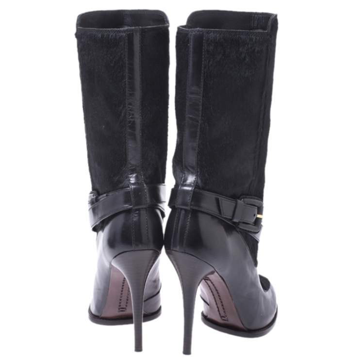 Pre Owned Tod's Black Leather And Pony Hair Buckle Mid Calf Boots Size 37