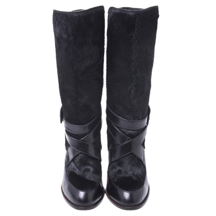 Pre Owned Tod's Black Leather And Pony Hair Buckle Mid Calf Boots Size 37
