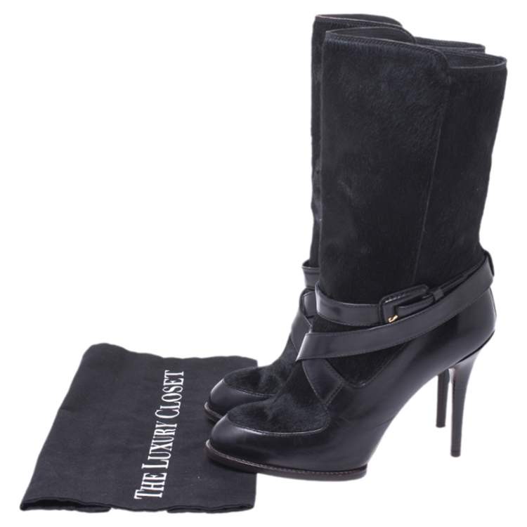 Pre Owned Tod's Black Leather And Pony Hair Buckle Mid Calf Boots Size 37